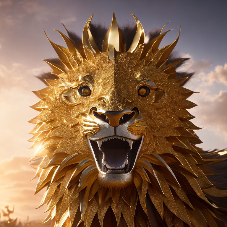 Golden lion head with flame-like mane under setting sun