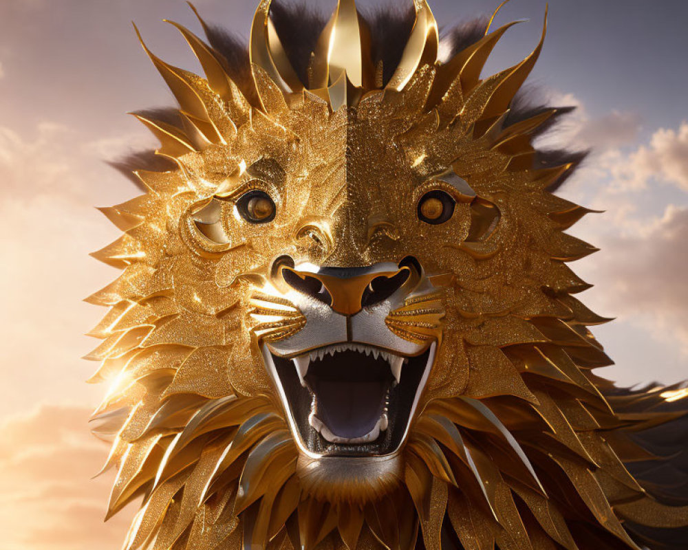 Golden lion head with flame-like mane under setting sun