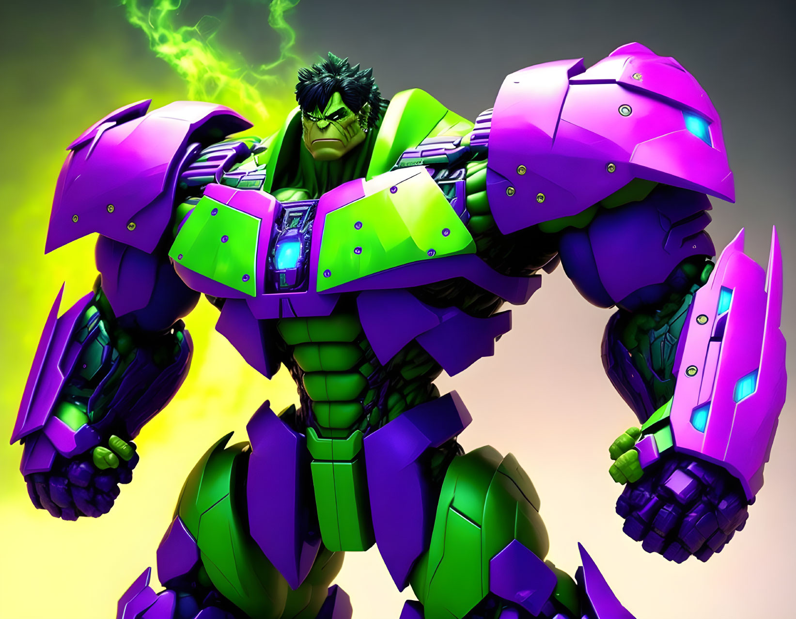 Hulk in purple and green armor with fierce expression and energy glow