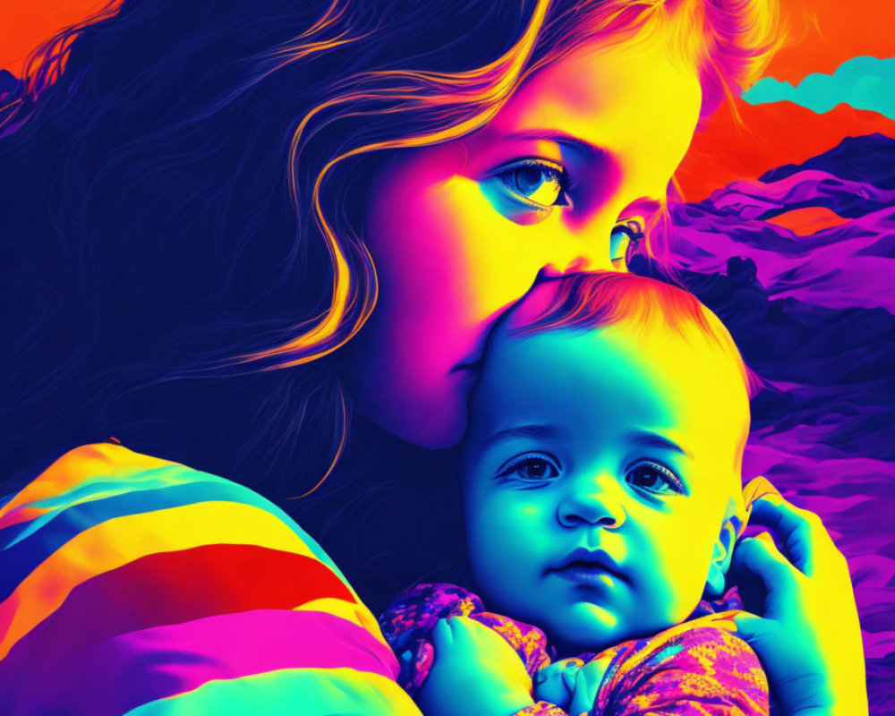 Neon-colored digital art: Woman with baby, stylized mountains & clouds