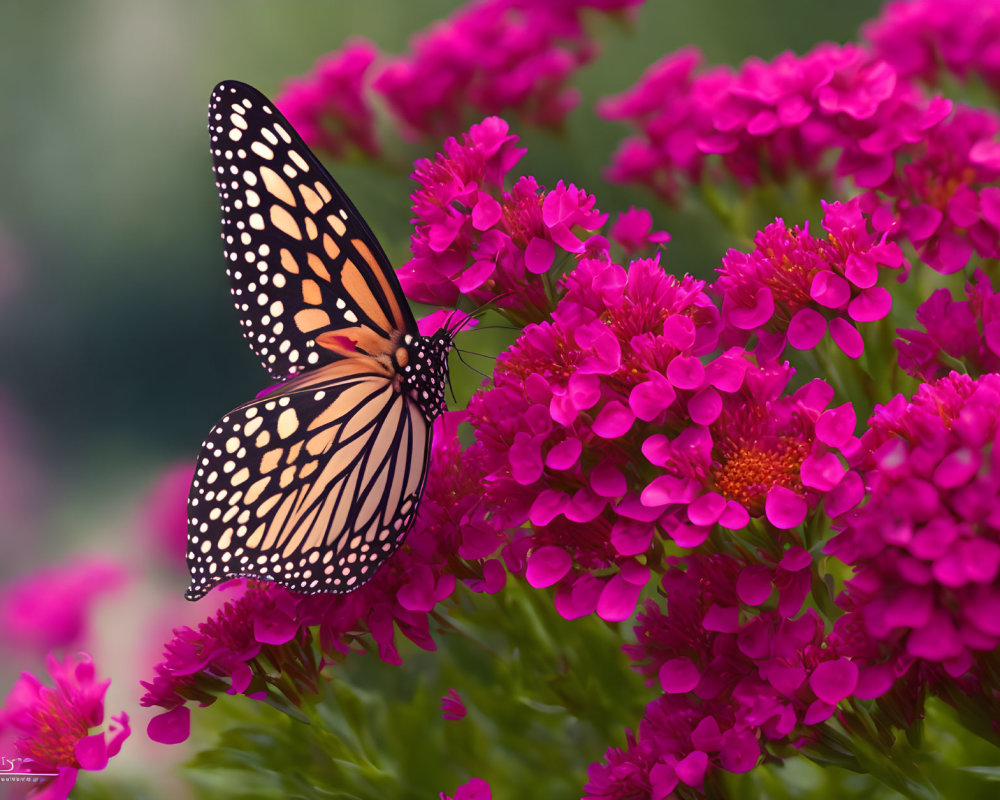 Colorful Monarch Butterfly on Pink Flowers with Green Background