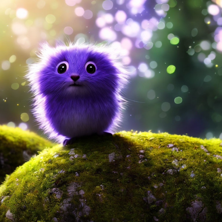 Purple fluffy creature on mossy rock in magical forest scene