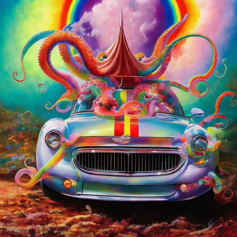 Colorful classic car artwork with tentacles and surreal rainbow backdrop