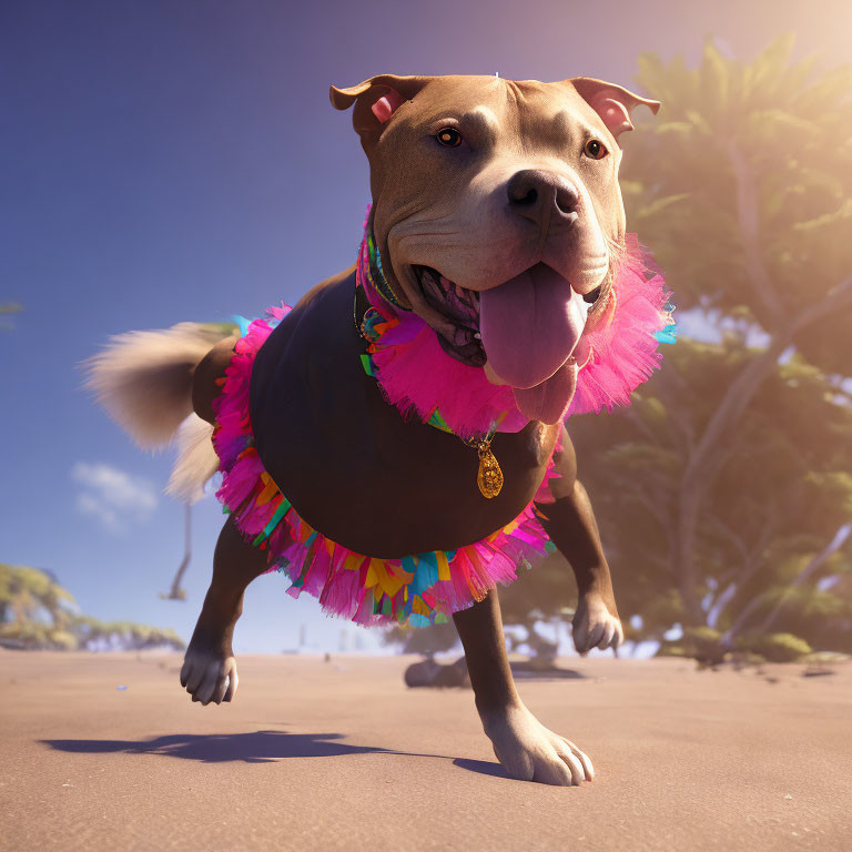 Colorful Lei Necklace and Pink Hula Skirt on Happy Animated Dog