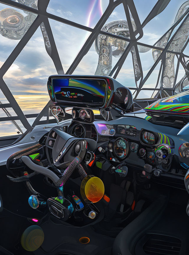 Futuristic Car Interior with Holographic Dashboard and Vibrant Controls