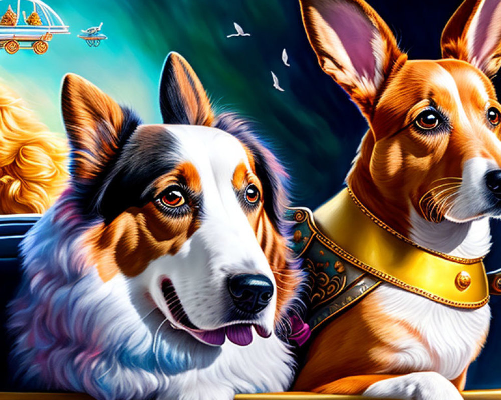 Realistic Tricolor and Tan & White Dogs Under Starry Sky