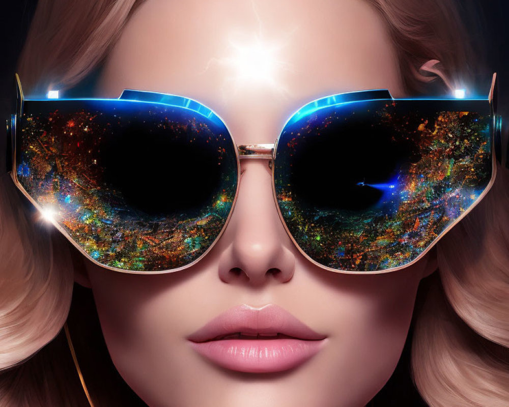 Woman Wearing Large Sunglasses Reflecting Cosmic Scene