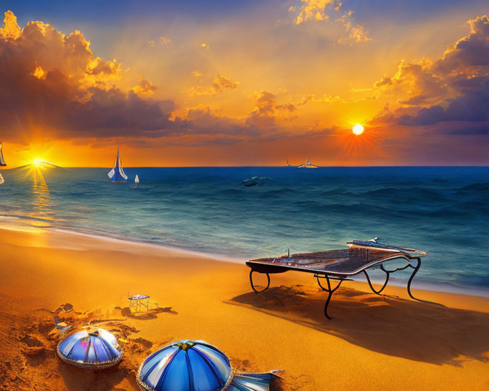 Colorful Sunset Beach Scene with Sailboats and Capsized Boats