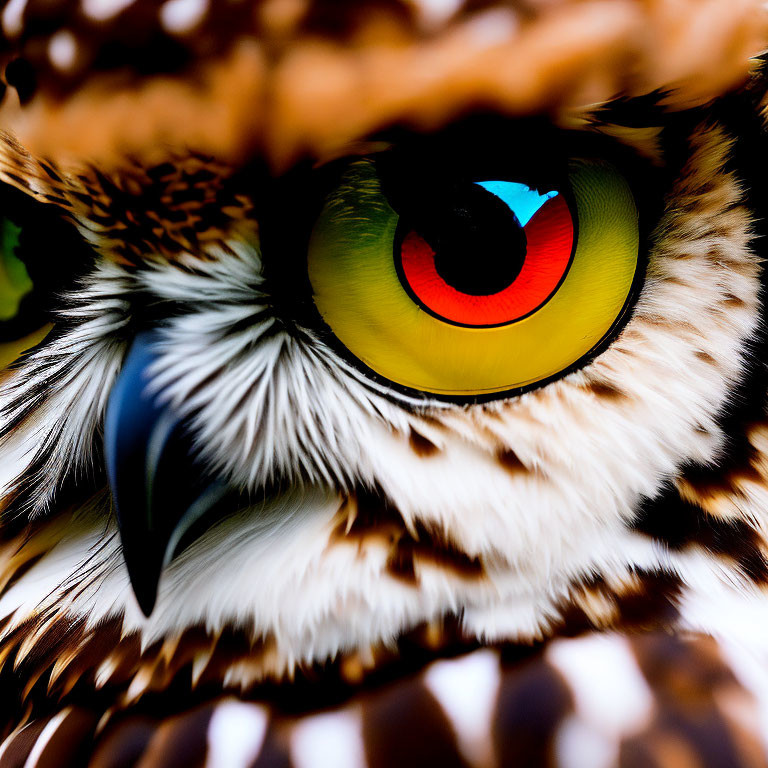 Detailed Close-Up of Colorful Owl Eye and Feathers