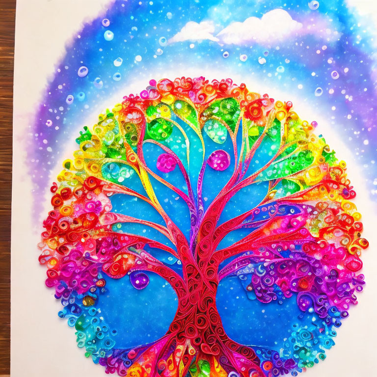 Colorful Tree Artwork with Swirling Branches on Cosmic Background