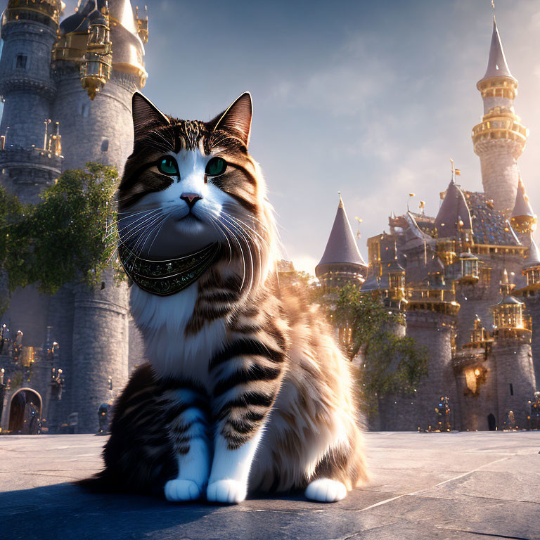 Striped Cat in Medieval Helmet with Blue Eyes and Fantasy Castle Background