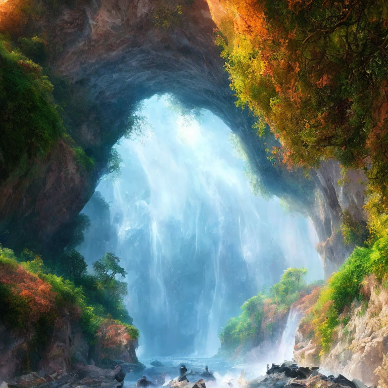 Majestic waterfall in sunlit rocky opening with vibrant autumn foliage