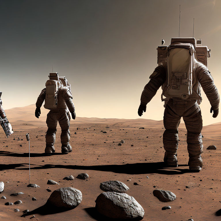 Astronauts in spacesuits explore rocky Martian landscape with lander under reddish sky