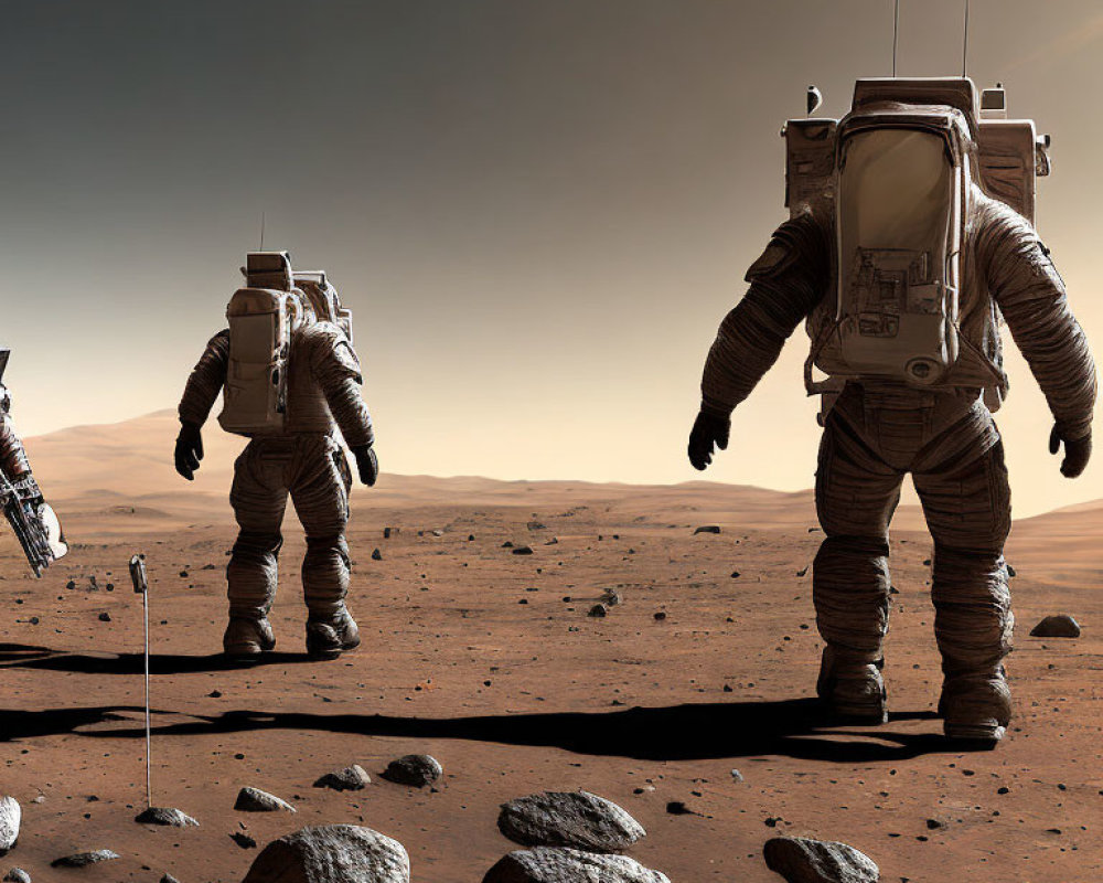 Astronauts in spacesuits explore rocky Martian landscape with lander under reddish sky