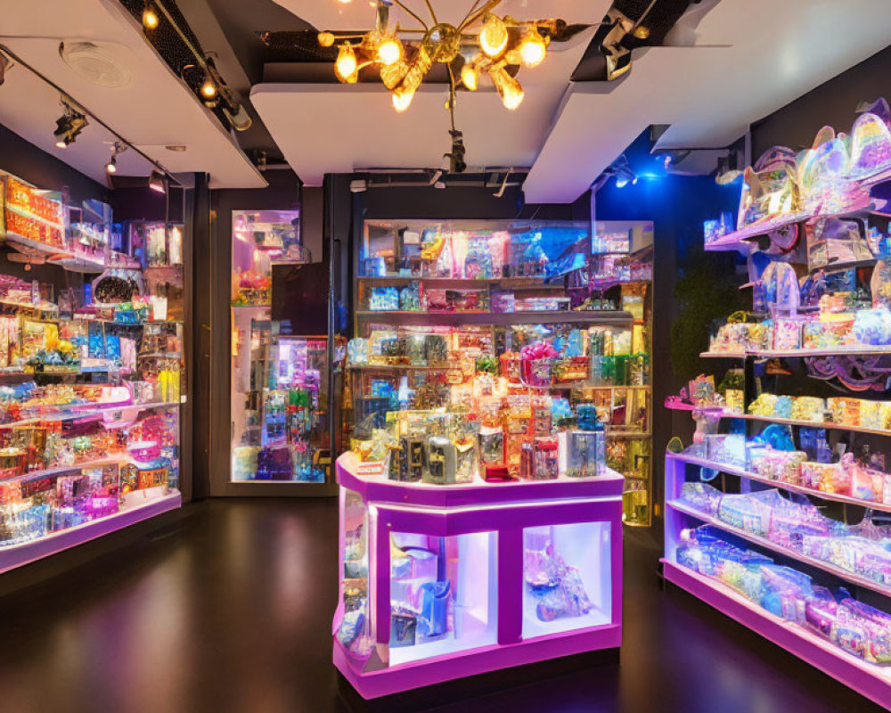 Colorful candy store interior with vibrant sweets on shelves and stylish lighting