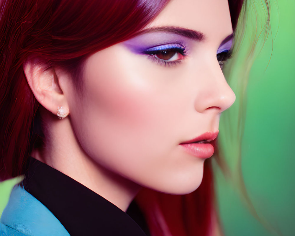 Woman with Red Hair and Purple Eyeshadow on Green Background