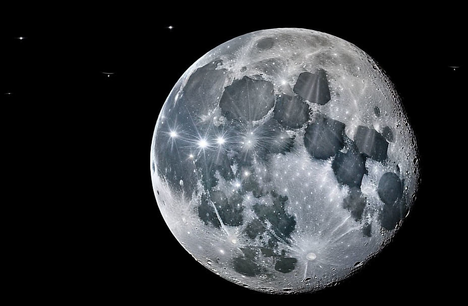 Detailed full moon with craters and maria against starry sky