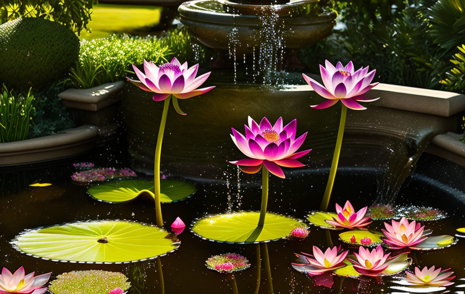 Tranquil pond with pink water lilies, lily pads, and cascading fountain