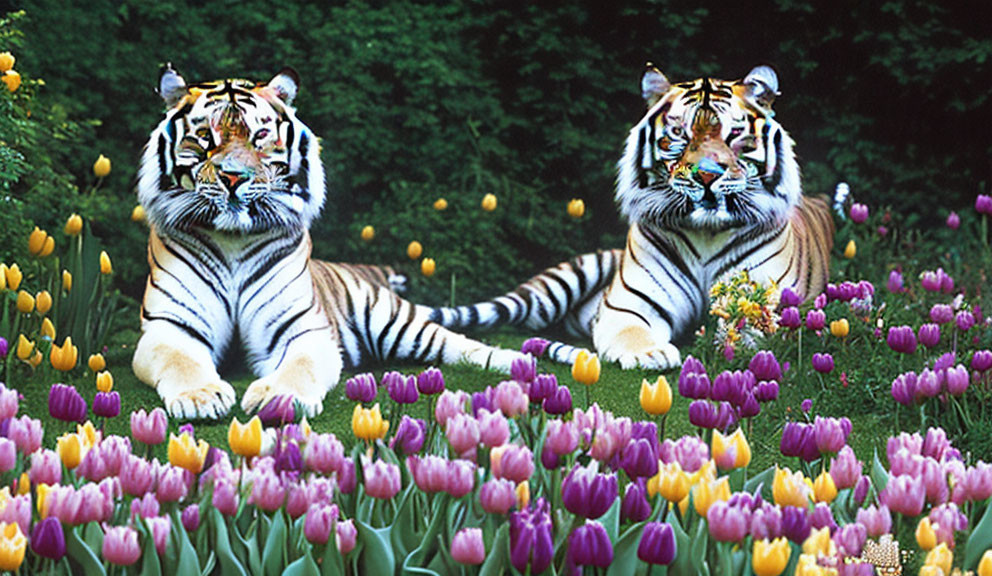 Two tigers resting in colorful tulip garden.