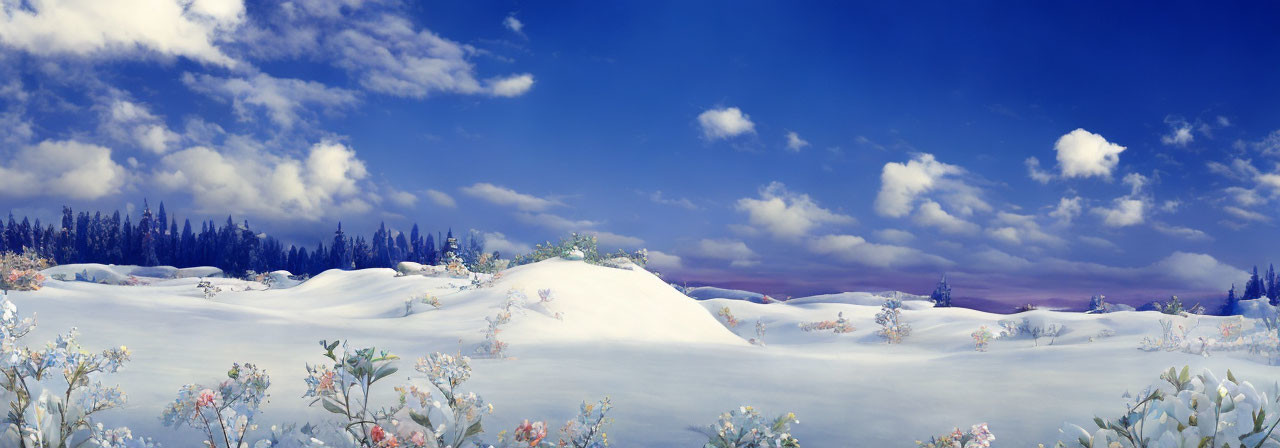 Snow-covered hills and evergreen trees in panoramic winter landscape