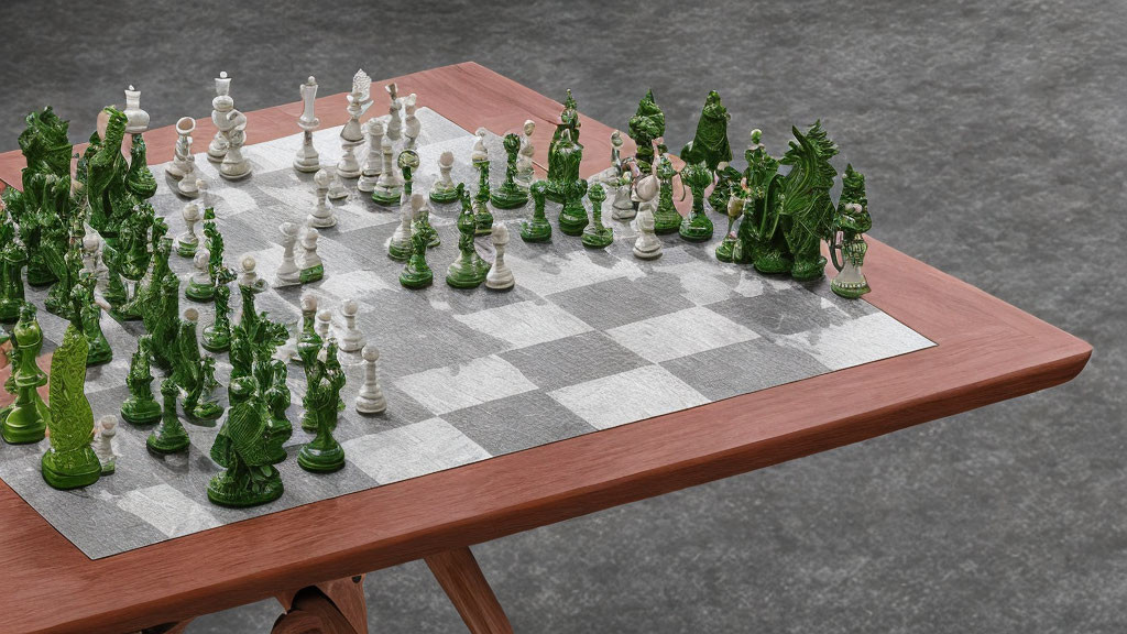 Green and White Plant-Themed Chess Set on Wooden Table