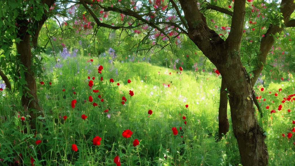 Lush meadow with red poppies, wildflowers, and greenery under dappled light