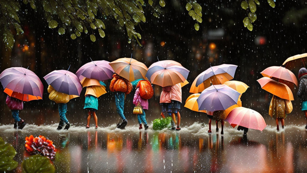 Colorful umbrellas reflecting in wet surface with falling snowflakes