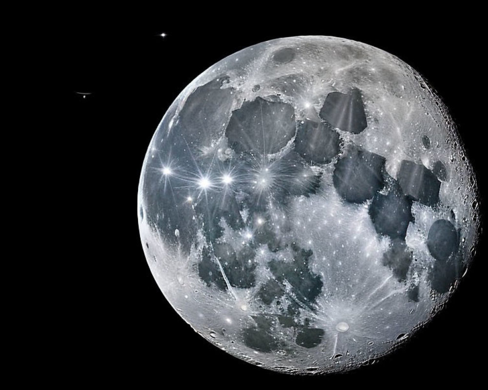 Detailed full moon with craters and maria against starry sky