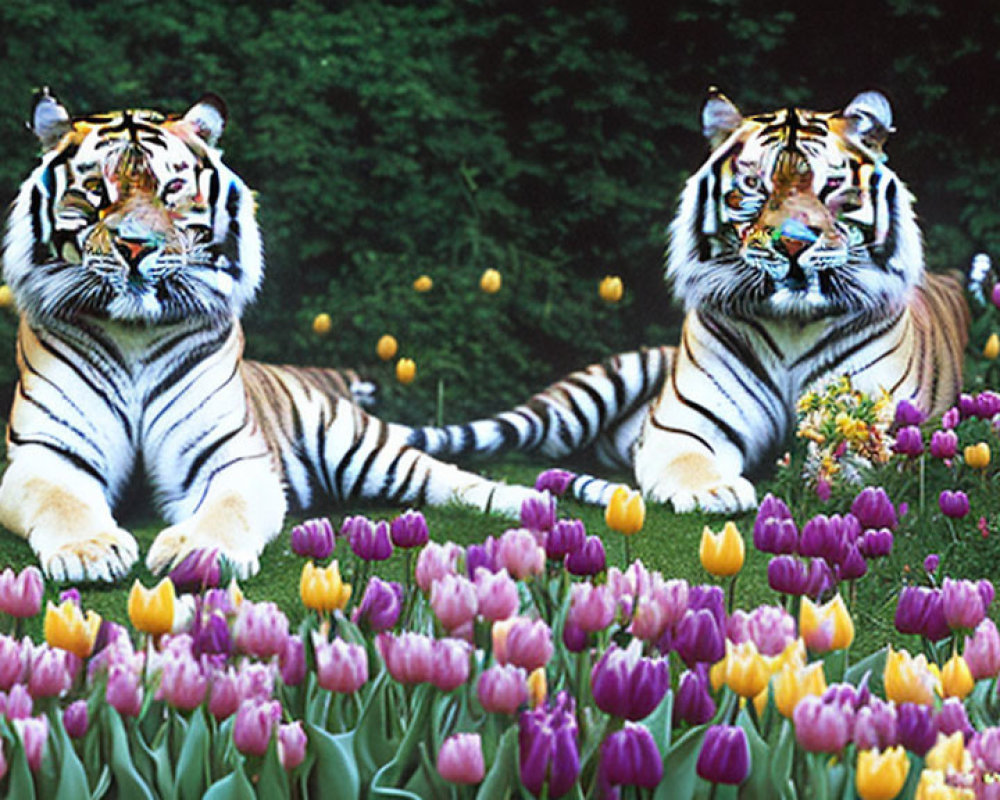 Two tigers resting in colorful tulip garden.