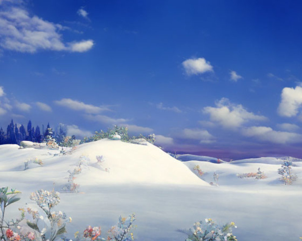 Snow-covered hills and evergreen trees in panoramic winter landscape