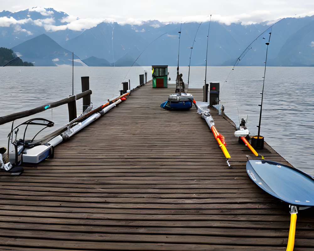 Wooden Dock with Fishing Rods Overlooking Calm Lake and Mountains