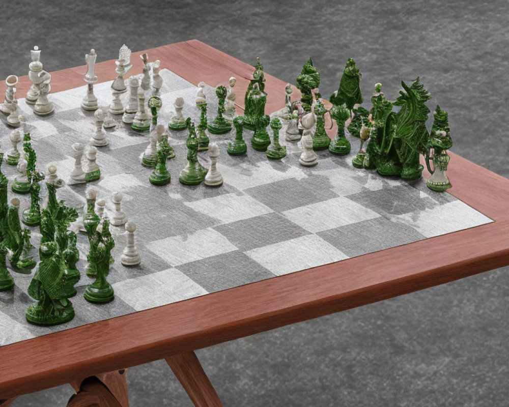 Green and White Plant-Themed Chess Set on Wooden Table