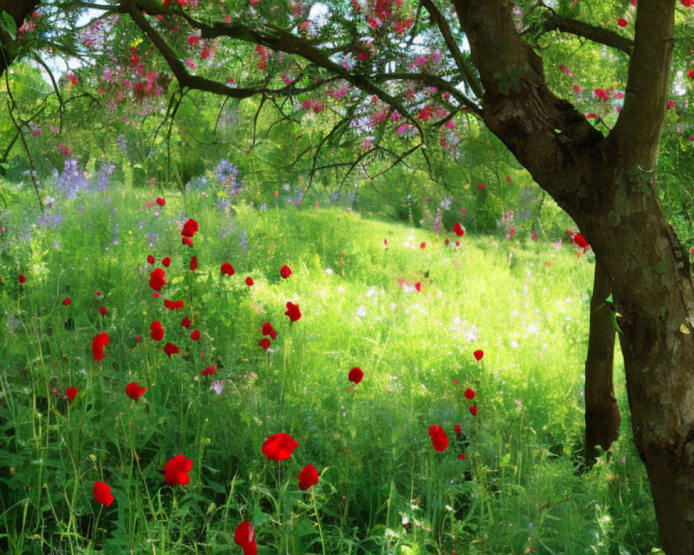 Lush meadow with red poppies, wildflowers, and greenery under dappled light