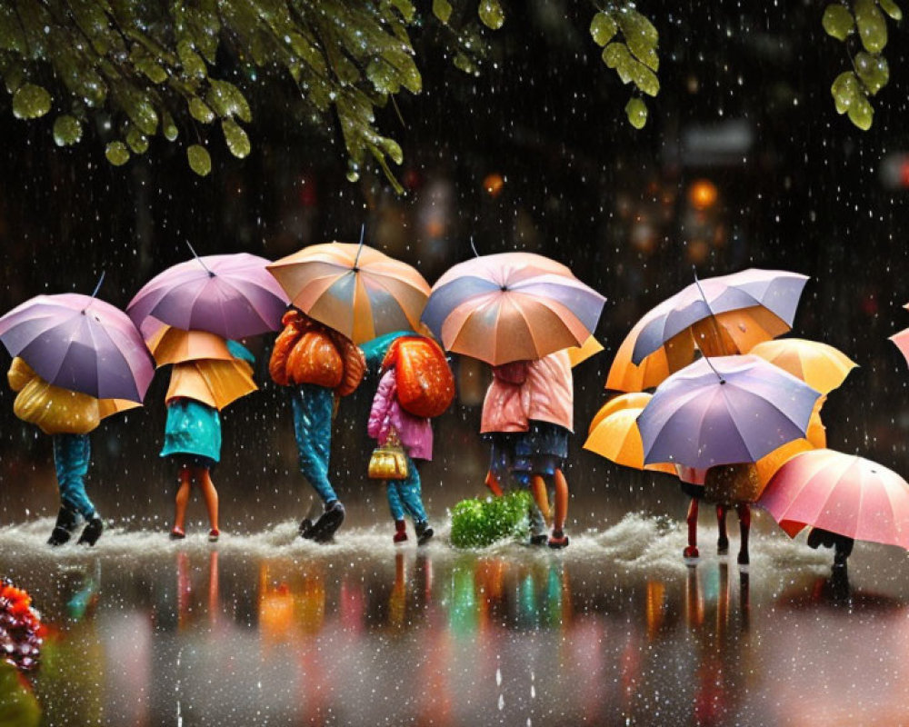 Colorful umbrellas reflecting in wet surface with falling snowflakes