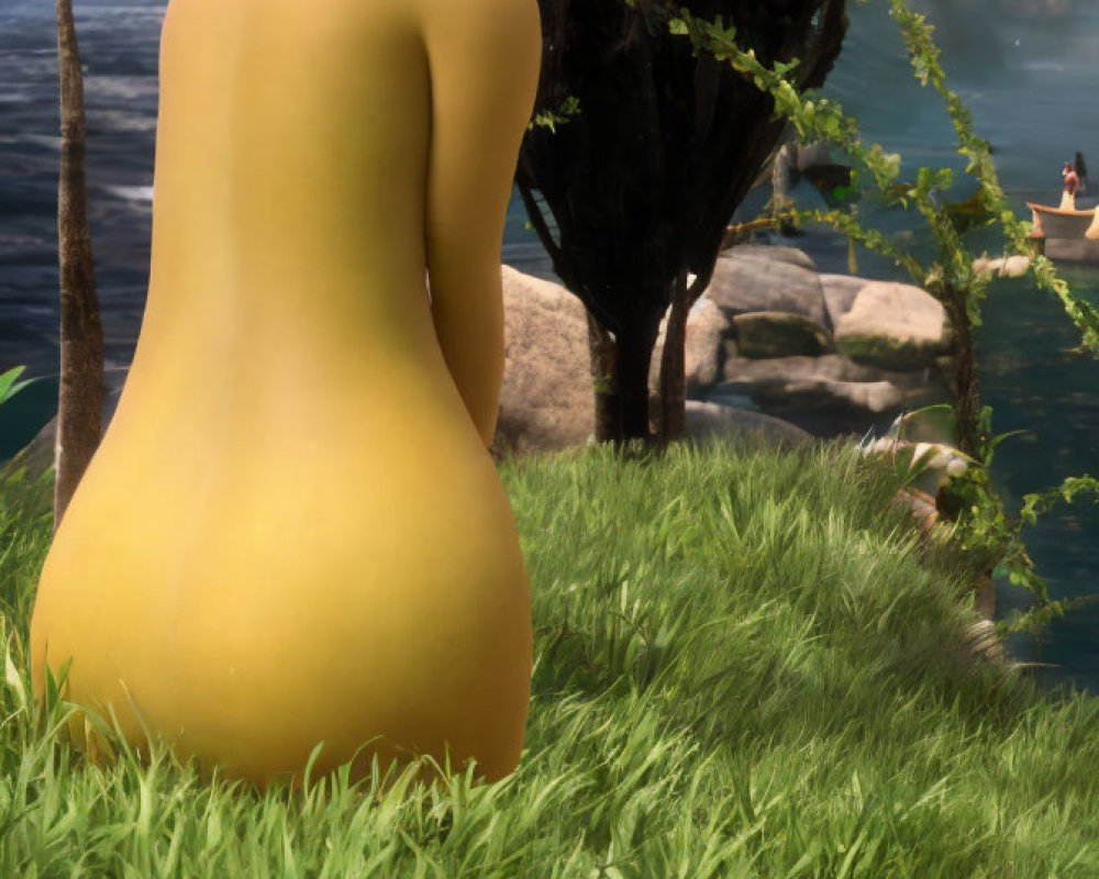 Stylized human figure with yellow skin by the sea and rocks.