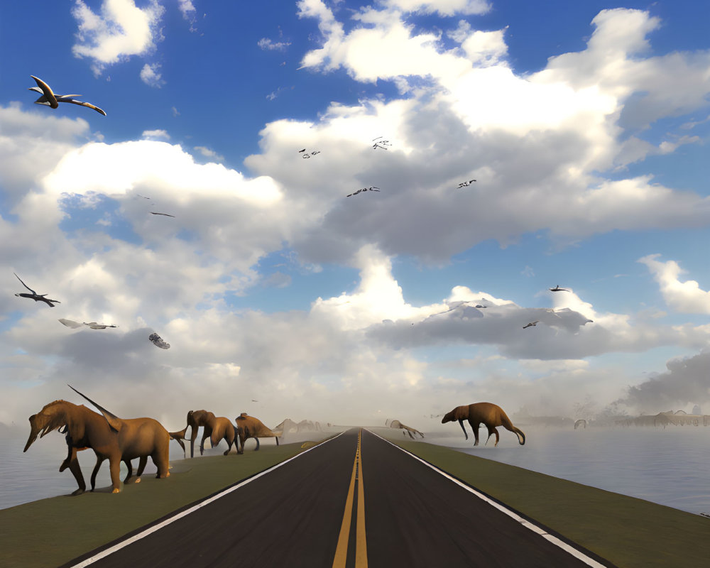 Surreal image: Elephants on road under cloudy sky