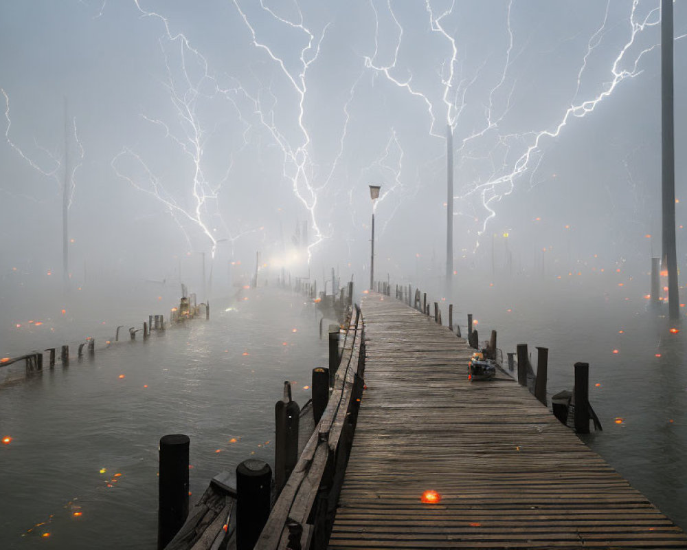 Wooden Pier in Foggy Landscape with Lightning Strikes and Glowing Orbs