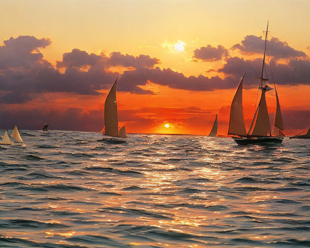 Sailboats on shimmering water at sunset with vibrant orange sun