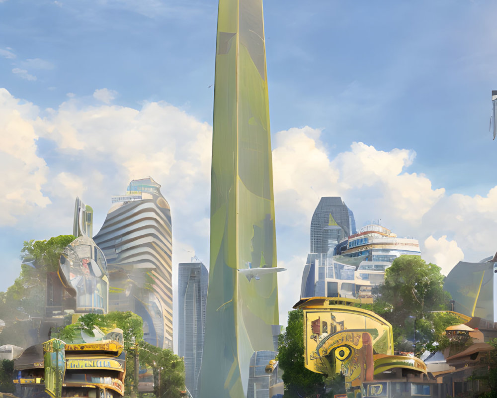 Futuristic cityscape with towering spire, traditional buildings, flying crafts, and ethereal sunlight