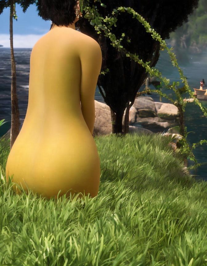 Stylized human figure with yellow skin by the sea and rocks.