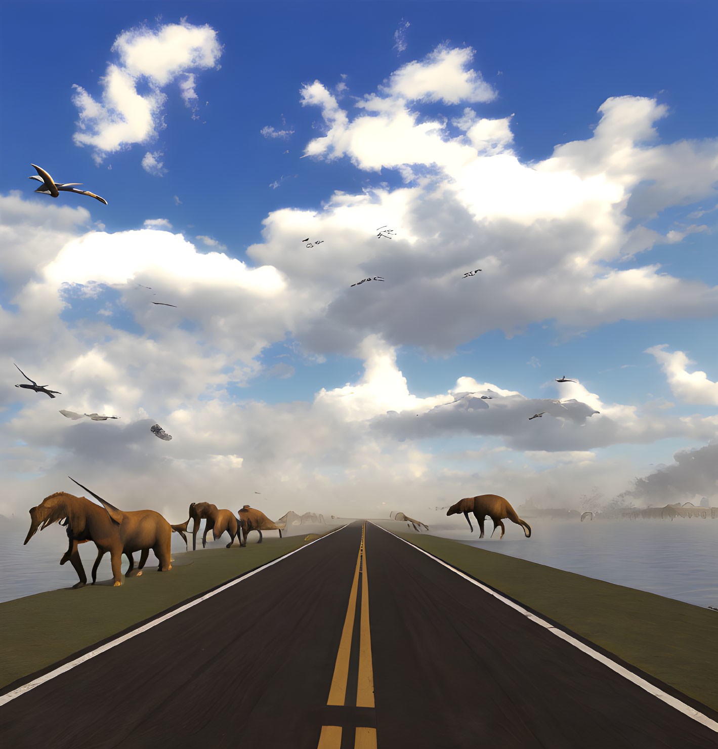 Surreal image: Elephants on road under cloudy sky