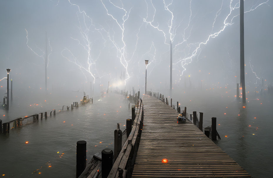 Wooden Pier in Foggy Landscape with Lightning Strikes and Glowing Orbs