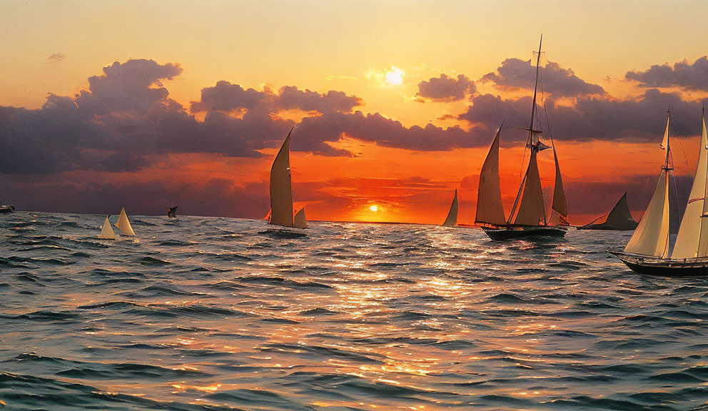 Sailboats on shimmering water at sunset with vibrant orange sun