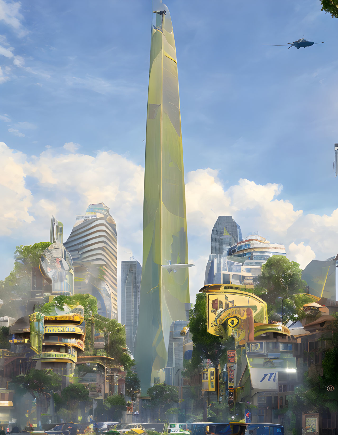 Futuristic cityscape with towering spire, traditional buildings, flying crafts, and ethereal sunlight