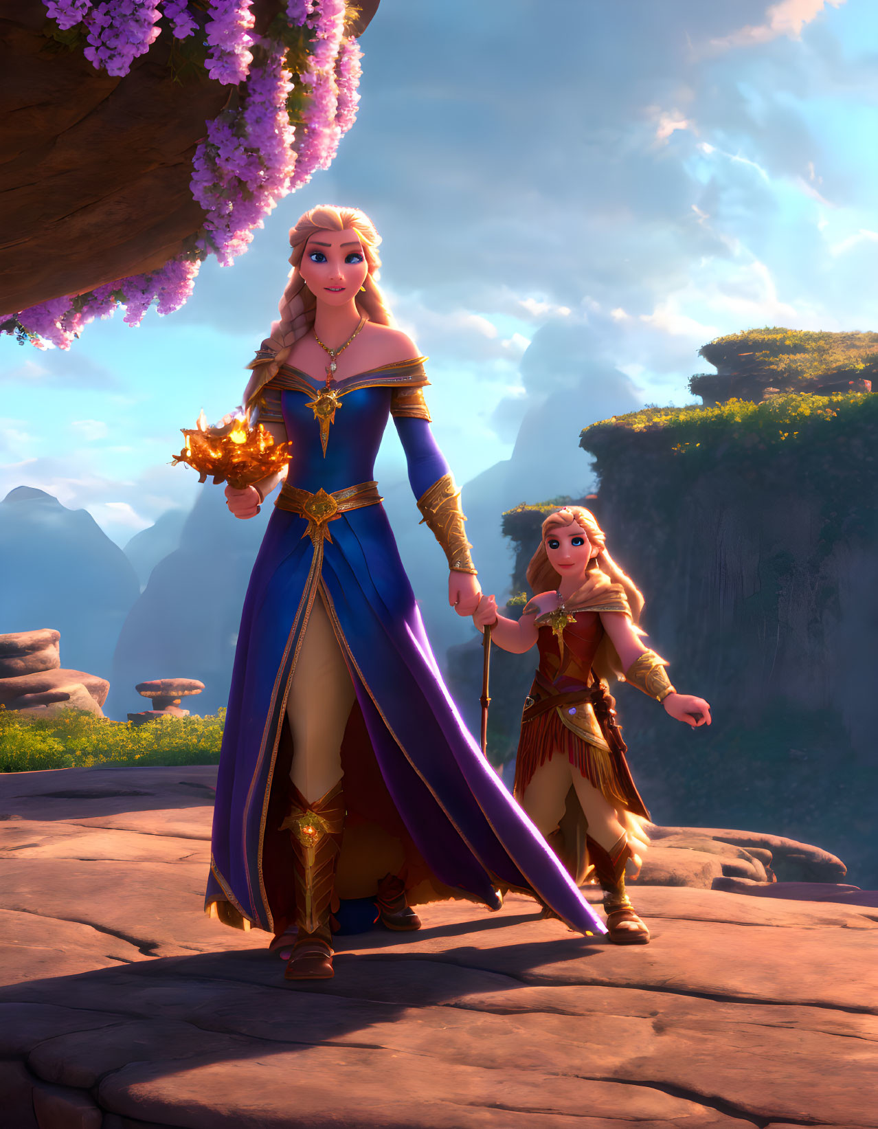 Animated characters with glowing object on rock in nature.