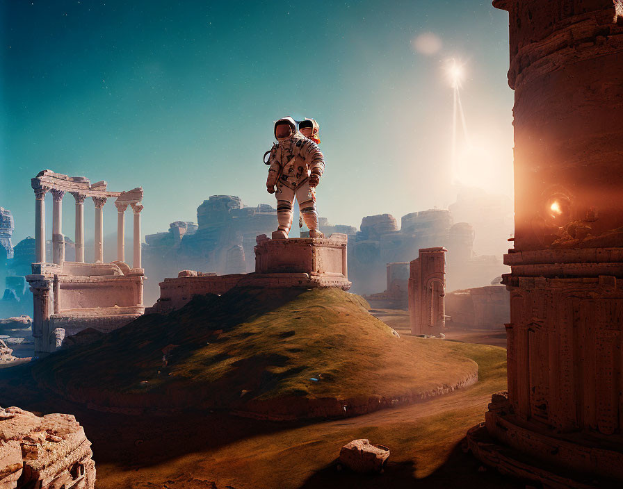 Astronaut on ancient ruin's pedestal on distant planet with sunbeams and rock formations