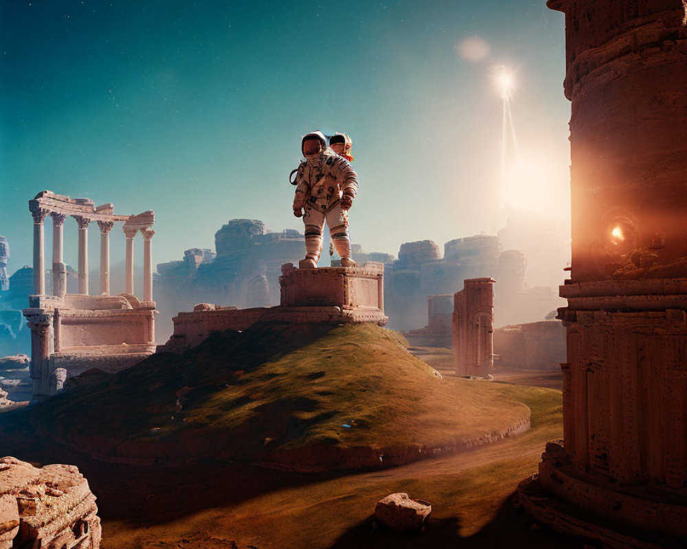 Astronaut on ancient ruin's pedestal on distant planet with sunbeams and rock formations