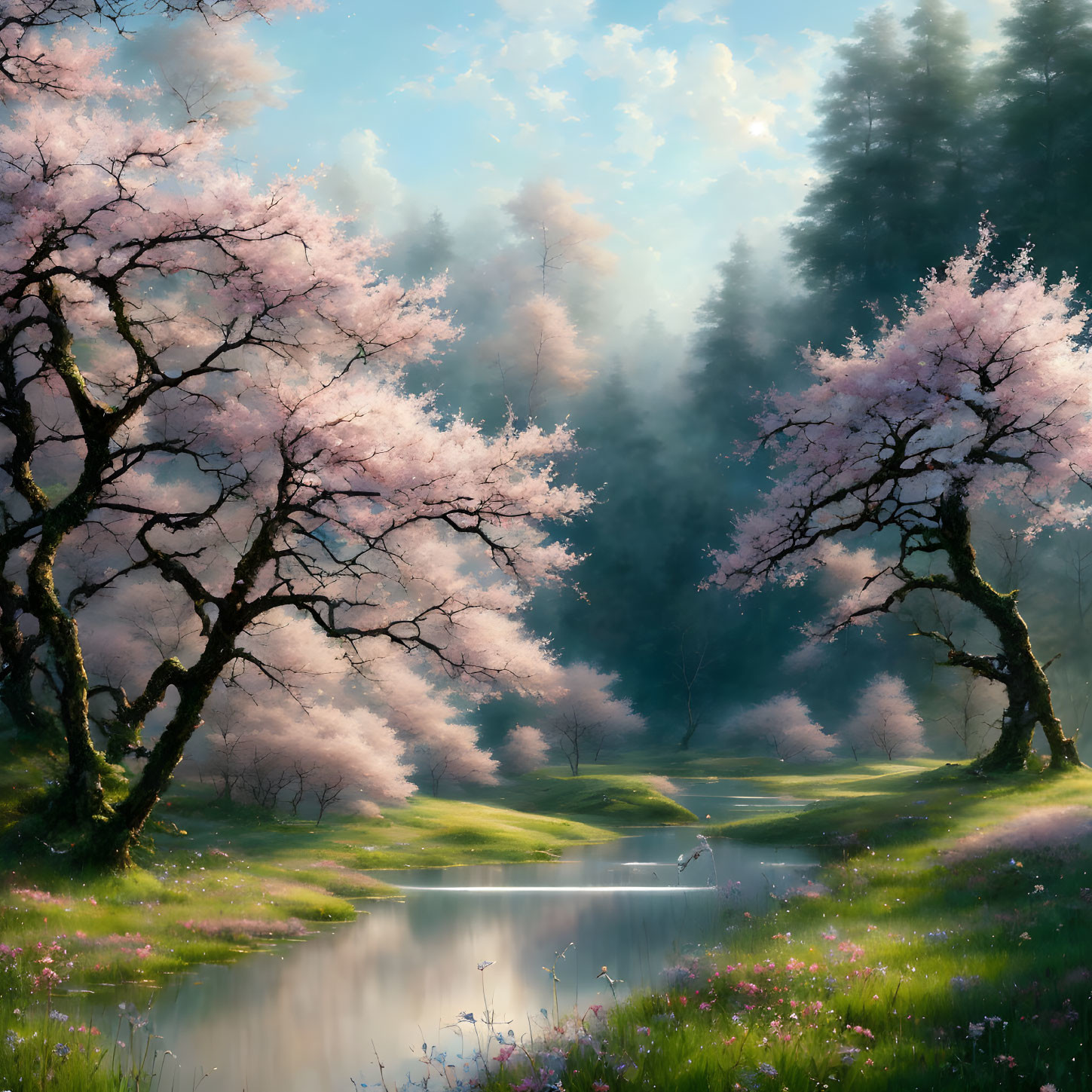 Tranquil Cherry Blossom Landscape with Stream and Sun Rays