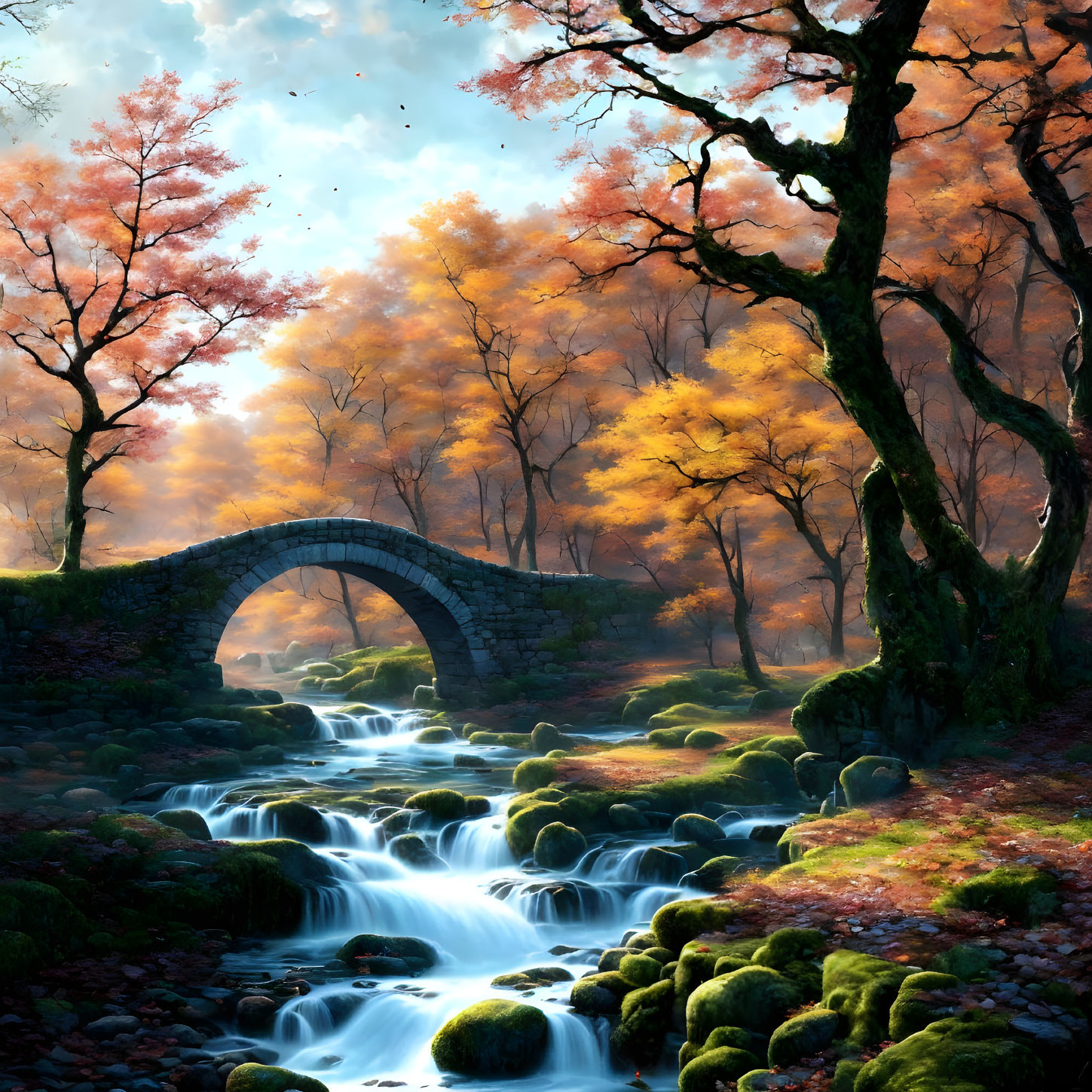 Stone bridge over cascading stream in autumn forest with orange leaves and sunlight filtering through.