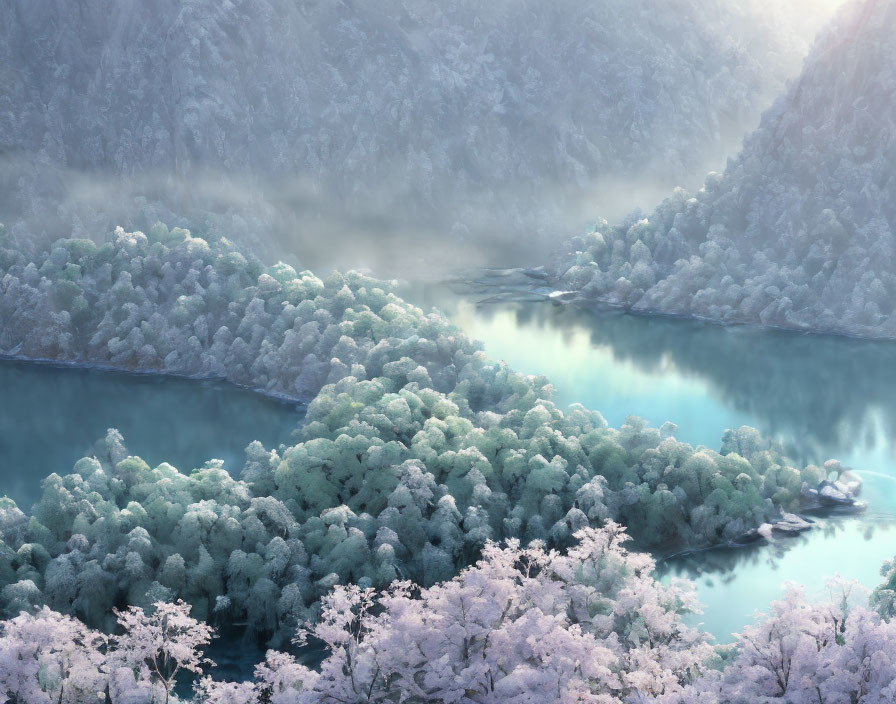 Tranquil winter landscape with river, snow-covered forest, and misty sky